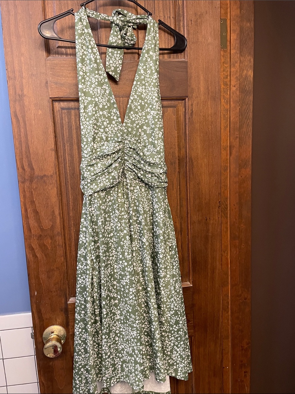 Olive Green Floral Halter Midi Dress